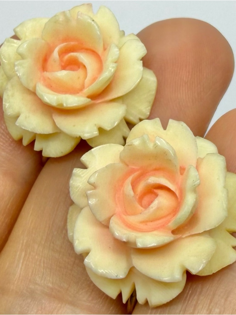 Hand-Carved Cream & Peach Rose Stud Earrings - Women Jewelry